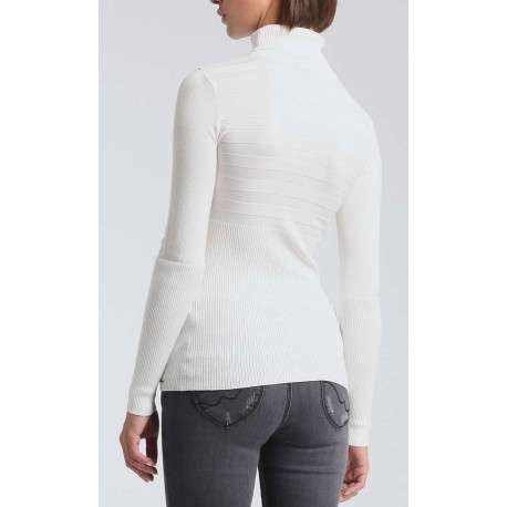 Pull écru uni à coupe près du corps col montant et à manches longues - Image 2