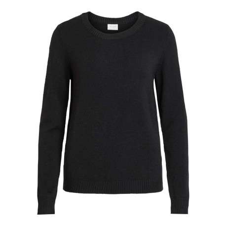 Pull noir uni en mailles avec une coupe droite, un col rond et à manches longues