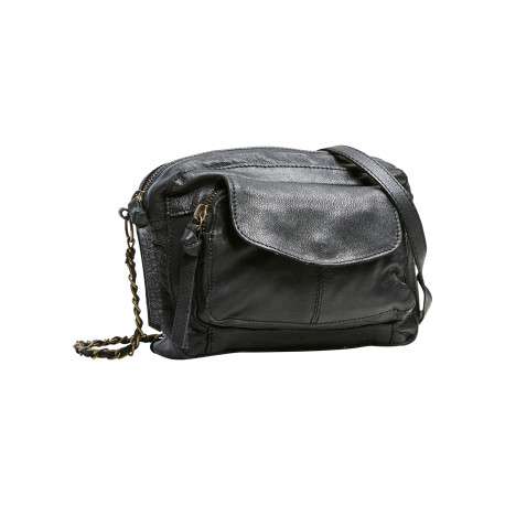 Sac à bandoulière en cuir de vache noir uni muni d'une fermeture à zip