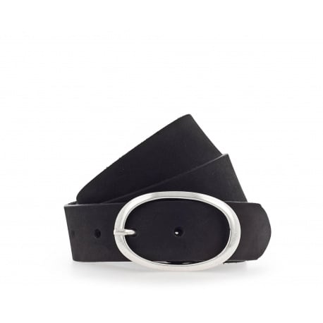 Ceinture en cuir noir avec une boucle métallique argentée ovale