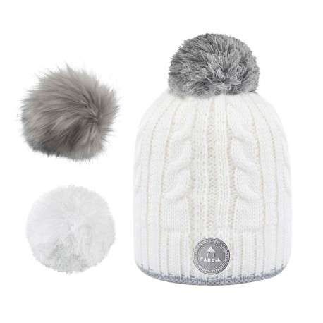 Bonnet blanc uni avec logo de la marque et pompons interchangeables