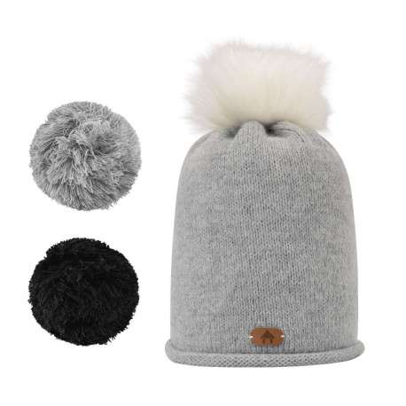 Bonnet HYDROMEL gris clair uni à pompons interchangeables et logo effet cuir