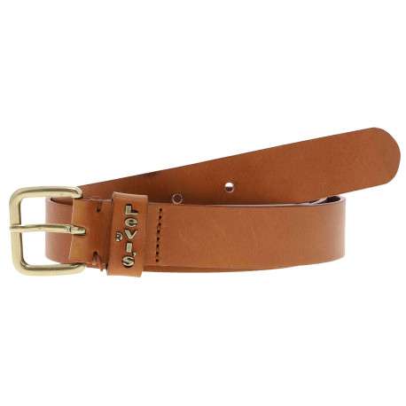 Ceinture camel unie avec une boucle métallique dorée et logo sur le passant