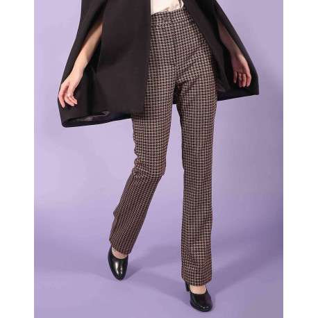 Pantalon femme coupe droite pied de poule cuivré noir et beige - Image 2