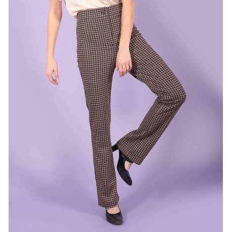 Pantalon femme coupe droite pied de poule cuivré noir et beige - Image 3
