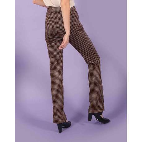 Pantalon femme coupe droite pied de poule cuivré noir et beige - Image 4