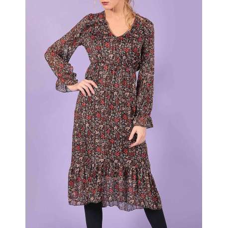Robe femme baby doll fleurie tricolore avec fil lurex noir fleuri - Image 2