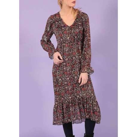 Robe femme baby doll fleurie tricolore avec fil lurex noir fleuri - Image 3