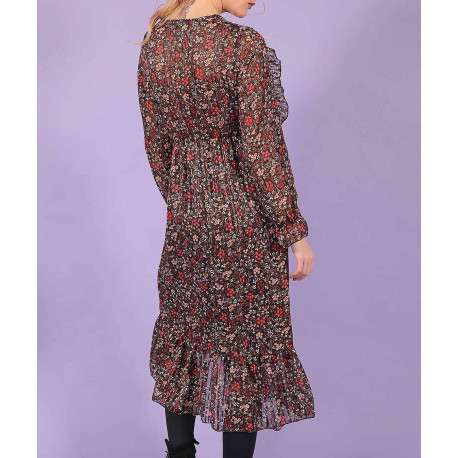 Robe femme baby doll fleurie tricolore avec fil lurex noir fleuri - Image 4