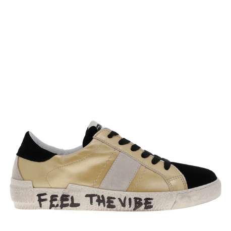 Baskets basses femme en cuir en velours or et noir