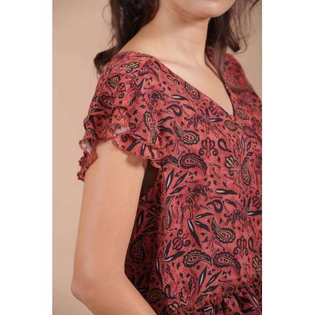 Top à imprimé éthnique pour femme brique coupe évasée PEACE - Image 4