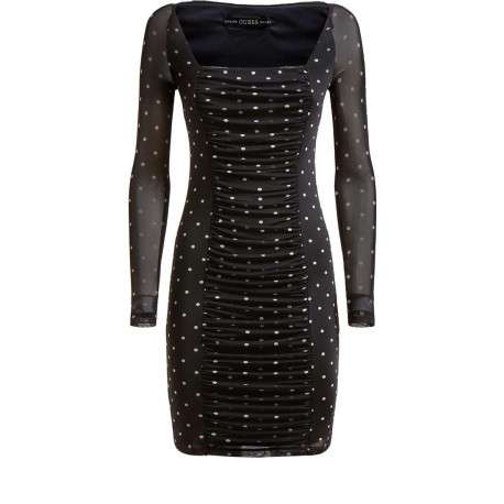 Robe courte avec imprimé micro pois et détail smockée pour femme Noir coupe moulante