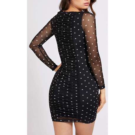 Robe courte avec imprimé micro pois et détail smockée pour femme Noir coupe moulante - Image 2