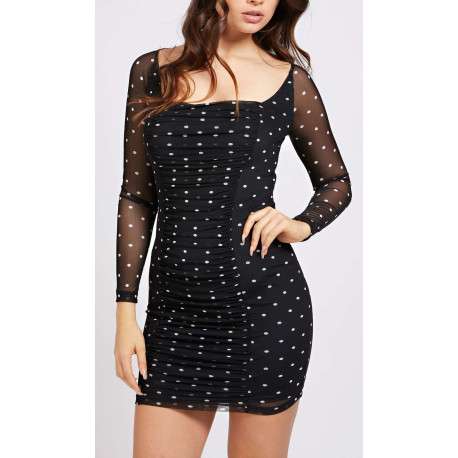 Robe courte avec imprimé micro pois et détail smockée pour femme Noir coupe moulante - Image 3