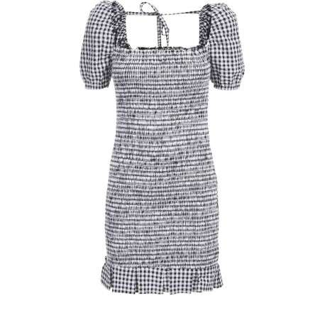Robe courte imprimé vichy avec volants et détail smockée pour femme Noir en coton coupe droite - Image 2