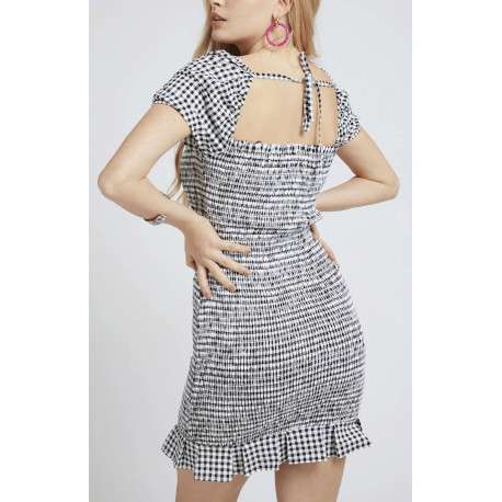 Robe courte imprimé vichy avec volants et détail smockée pour femme Noir en coton coupe droite - Image 3