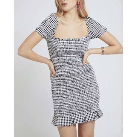 Robe courte imprimé vichy avec volants et détail smockée pour femme Noir en coton coupe droite - Image 5