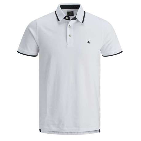 Polo blanc uni en coton avec une coupe droite avec liseré noir sur le col et les manches