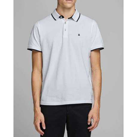 Polo blanc uni en coton avec une coupe droite avec liseré noir sur le col et les manches - Image 3