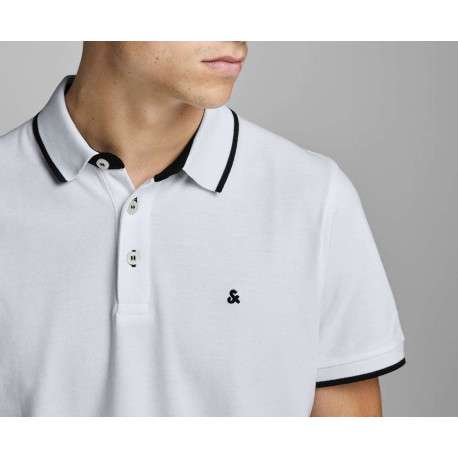 Polo blanc uni en coton avec une coupe droite avec liseré noir sur le col et les manches - Image 6