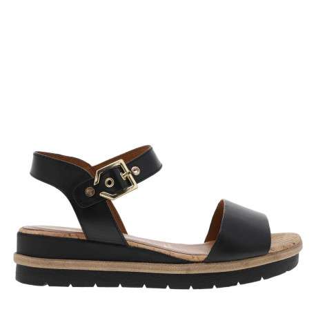 Sandales en cuir noir à semelle semi compensée et boucle à ardillons