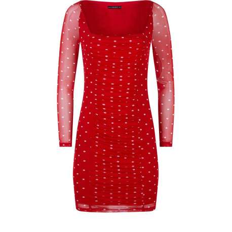 Robe courte rouge pour femme en résille à pois coupe droite