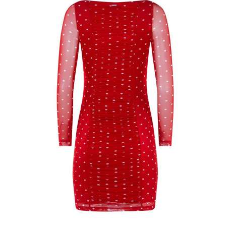 Robe courte rouge pour femme en résille à pois coupe droite - Image 2