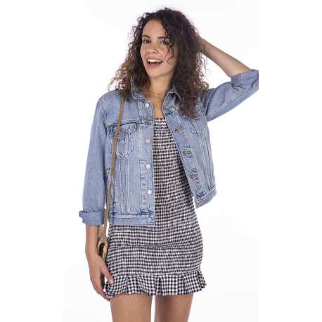 Robe courte imprimé vichy avec volants et détail smockée pour femme Noir en coton coupe droite