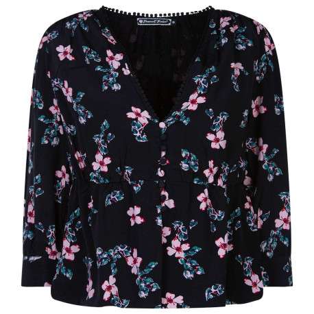 Blouse noire pour femme avec imprimé liberty coupe évasée