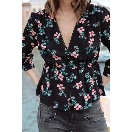 Blouse noire pour femme avec imprimé liberty coupe évasée - Image 4