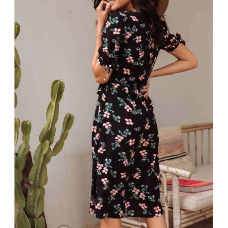 Robe noire pour femme avec imprimé floral coupe évasée - Image 2