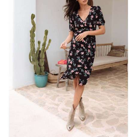 Robe noire pour femme avec imprimé floral coupe évasée - Image 3
