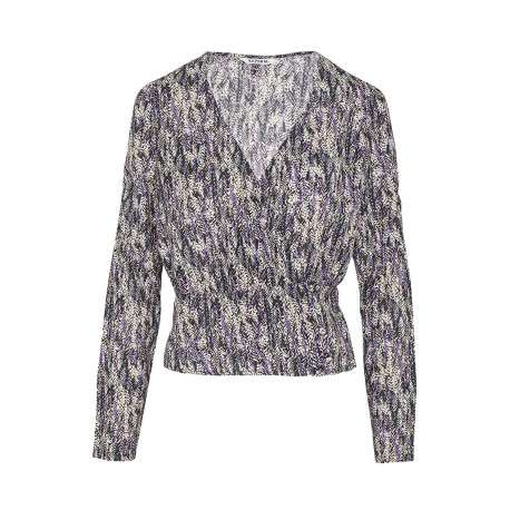 Blouse Veyzi à imprimé feuilles noires, violette et beiges coupe cintrée