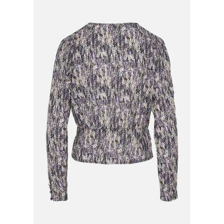Blouse Veyzi à imprimé feuilles noires, violette et beiges coupe cintrée - Image 2