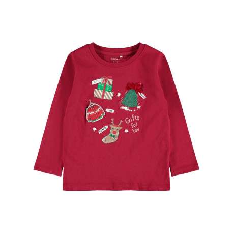 T-Shirt fantaisie manches longues et à col rond rouge en coton biologique