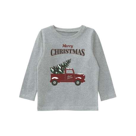 T-Shirt fantaisie manches longues et à col rond gris en coton