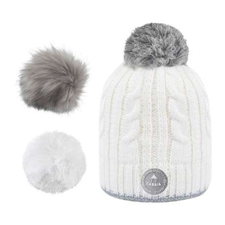 Bonnet blanc en maille torsadée Milky avec pompons interchangeables