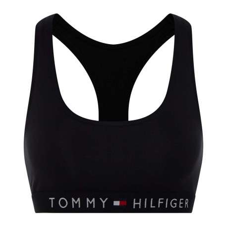 Brassière noire unie en coton à dos nageur avec taille élastiquée avec marque et logo