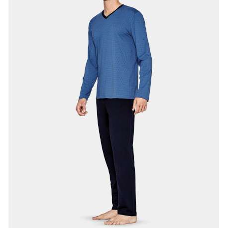 Pyjama long bleu imprimé en coton col v - Image 2