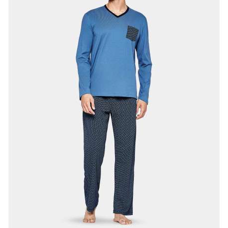 Pyjama long bleu imprimé en coton col v - Image 2