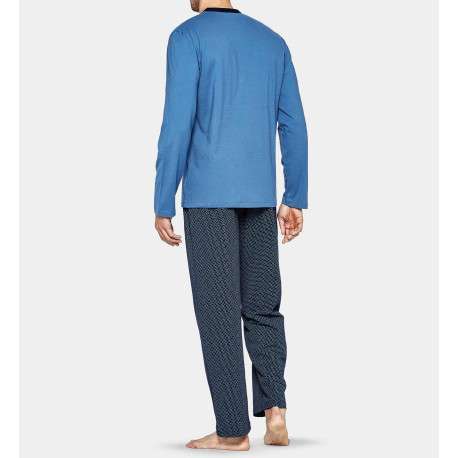 Pyjama long bleu imprimé en coton col v - Image 3