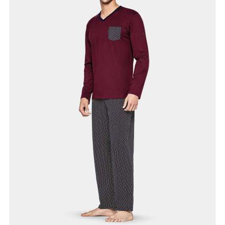 Pyjama long bordeaux imprimé en coton col v - Image 2