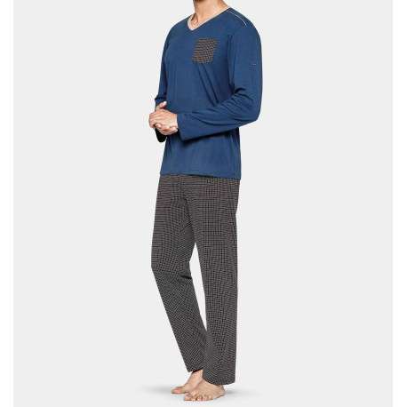 Pyjama long bleu imprimé en coton col v - Image 2
