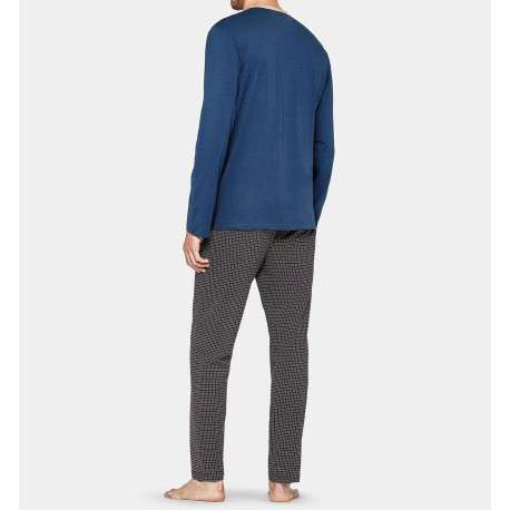 Pyjama long bleu imprimé en coton col v - Image 3
