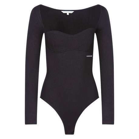 Body noir uni côtelé coupe moulant col carré