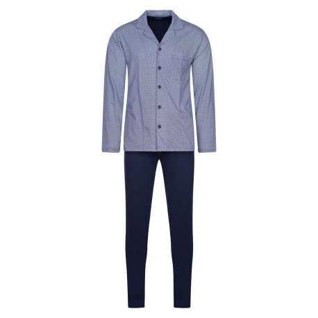 Pyjama long Ramatuelle marine en coton coupe droite fluide col cranté
