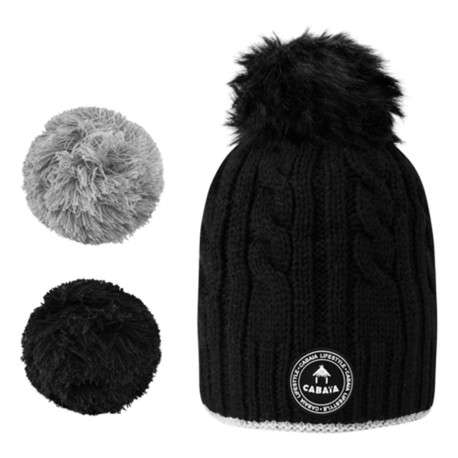 Bonnet noir en maille torsadée avec pompons interchangeables - Image 3