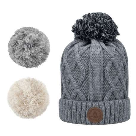 Bonnet gris uni à grosse mail à revers et à pompons interchangeables - Image 3