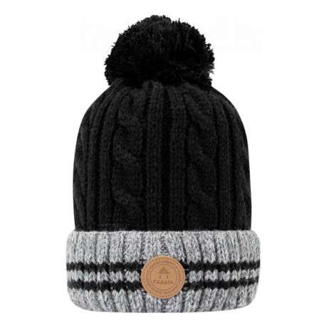 Bonnet noir à revers gris avec bandes et pompons interchangeables