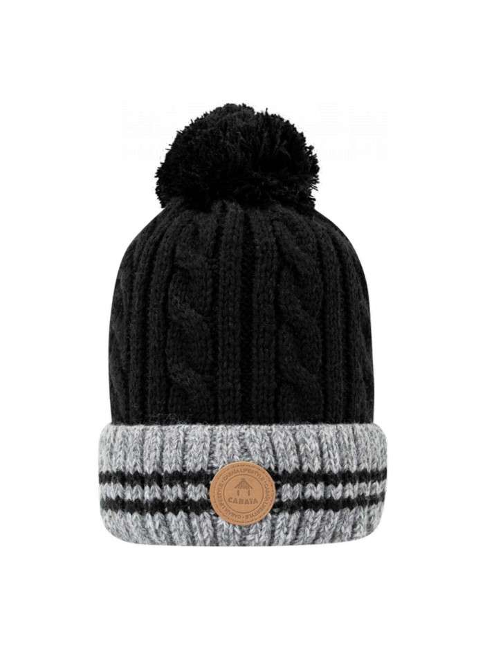Bonnet noir à revers gris avec bandes et pompons interchangeables